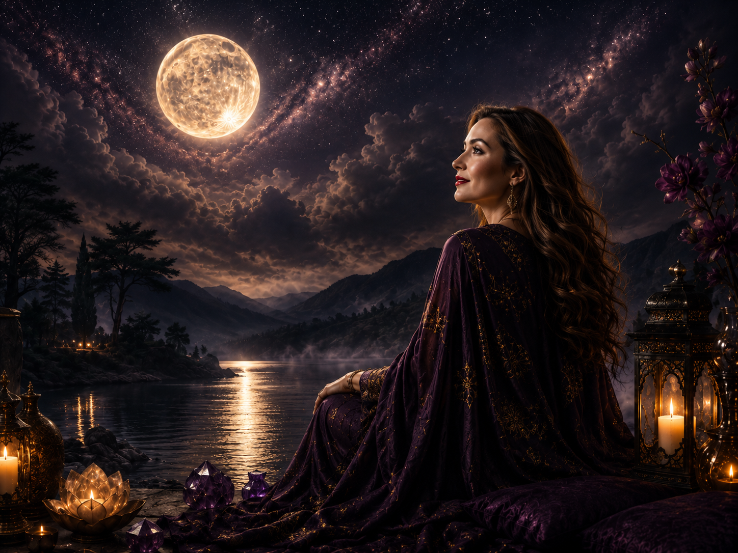 Moonlit lakeside scene with Sophia gazing at a glowing full moon