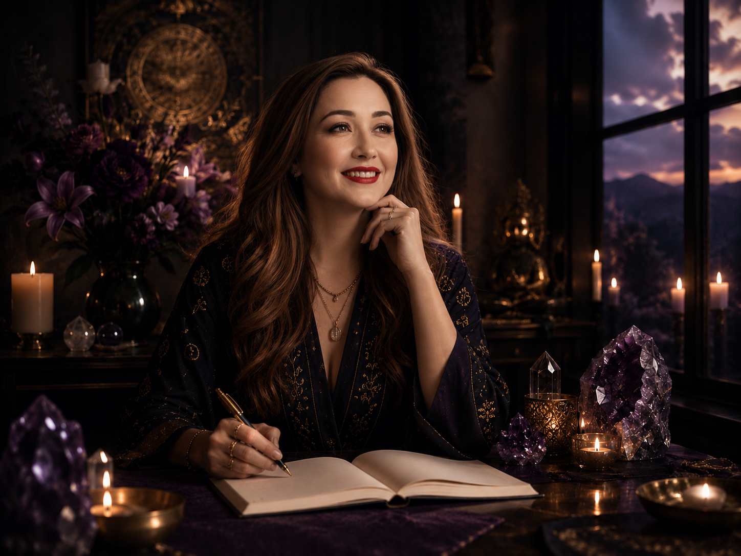 Sophia writing in a journal beside candles and crystals