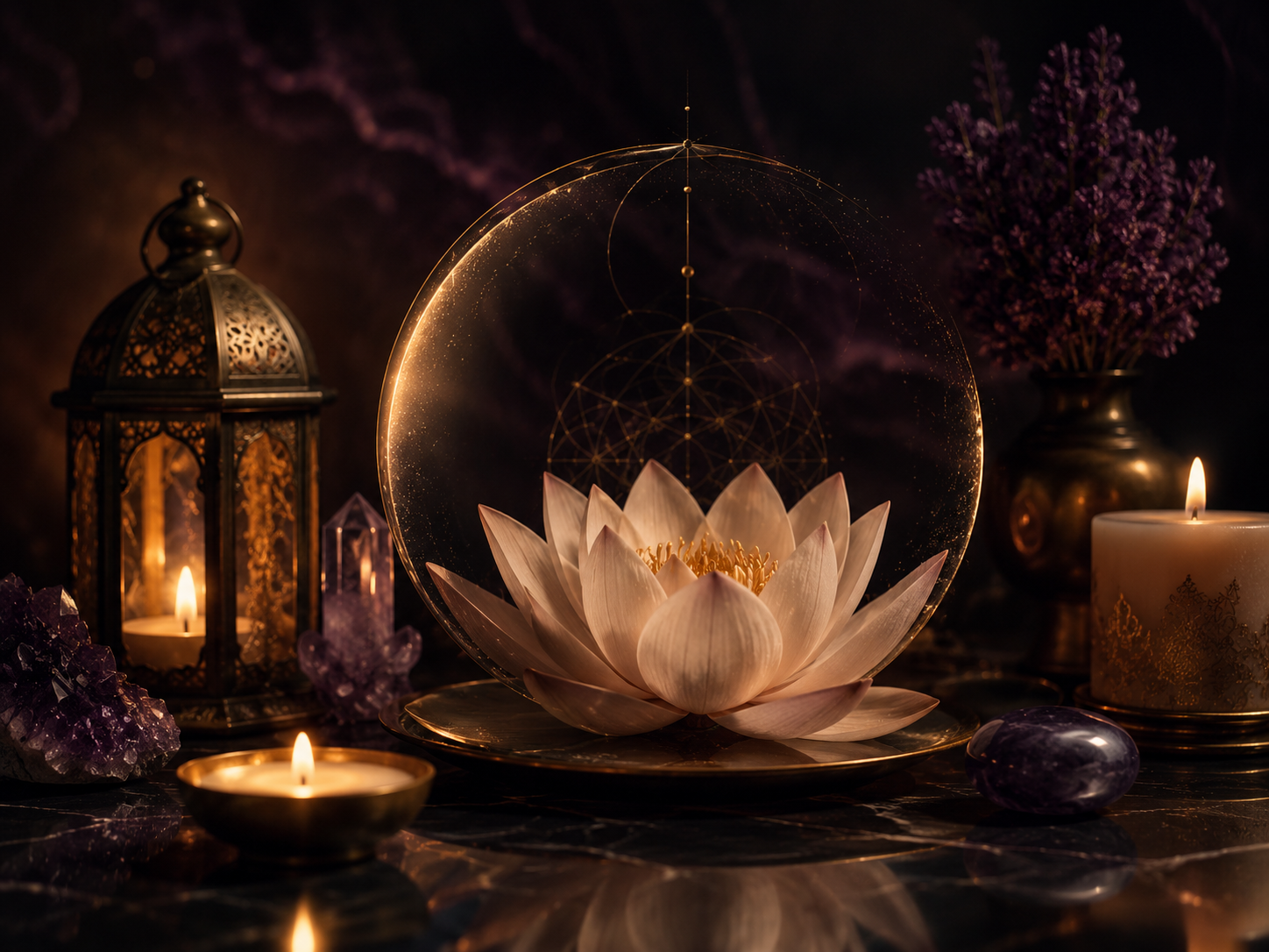 Lotus arrangement with candles, crystals, and warm golden accents