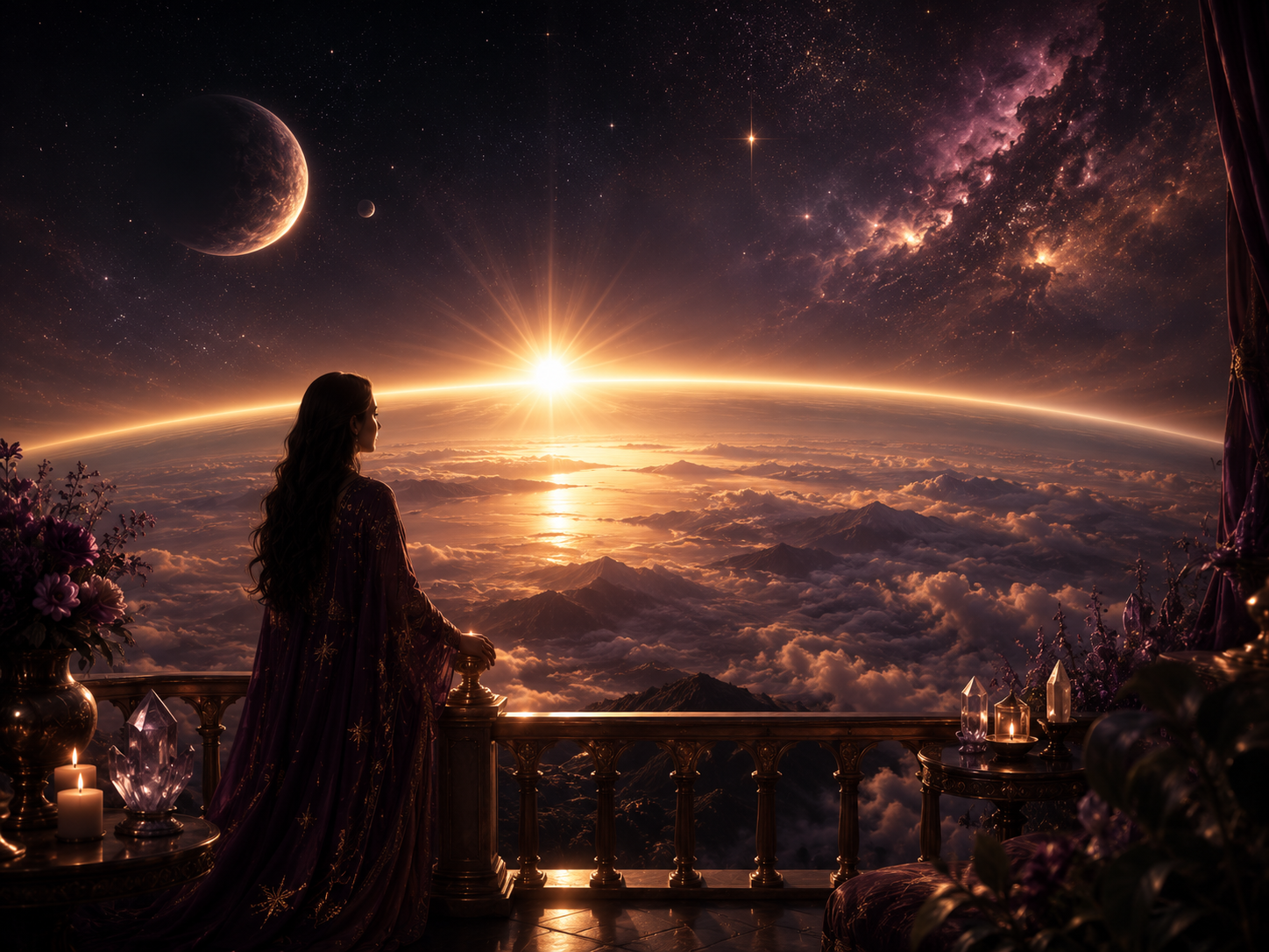Sophia looking over a radiant cosmic sunrise above the clouds