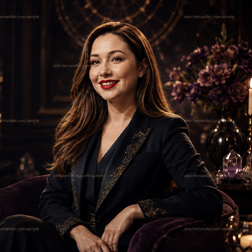 Psychic Sophia seated in an elegant candlelit spiritual setting