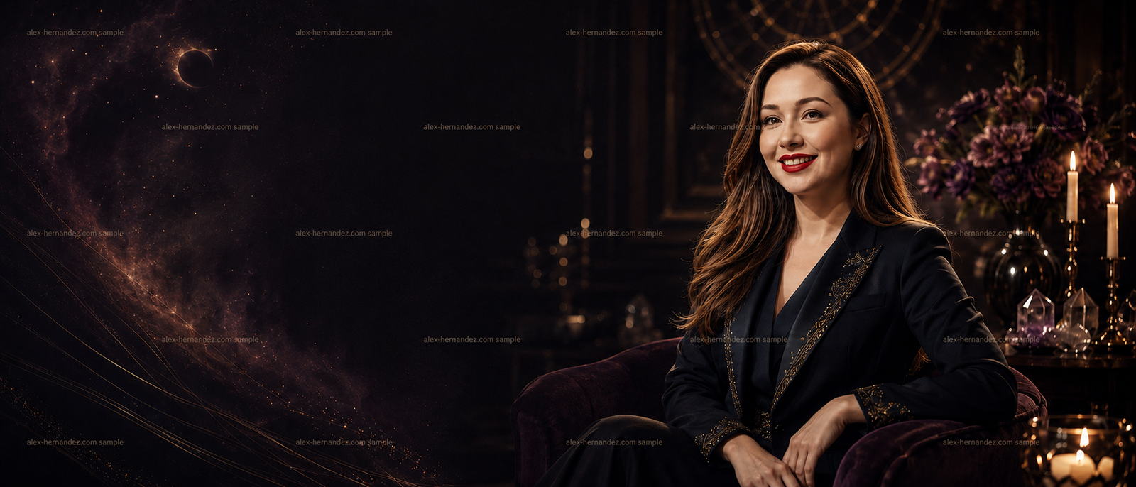 Psychic Sophia seated in an elegant candlelit spiritual setting