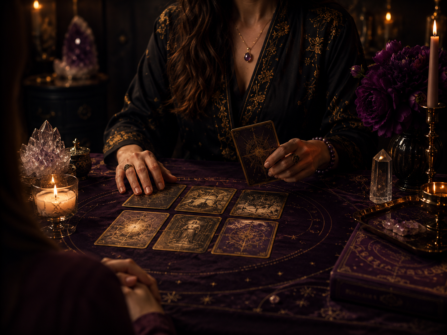 Private intuitive reading with tarot cards, crystals and candlelight