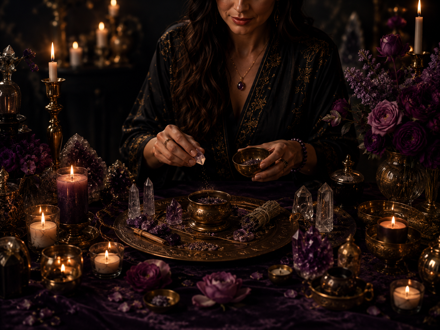 Private spiritual guidance setting with candlelight and crystals