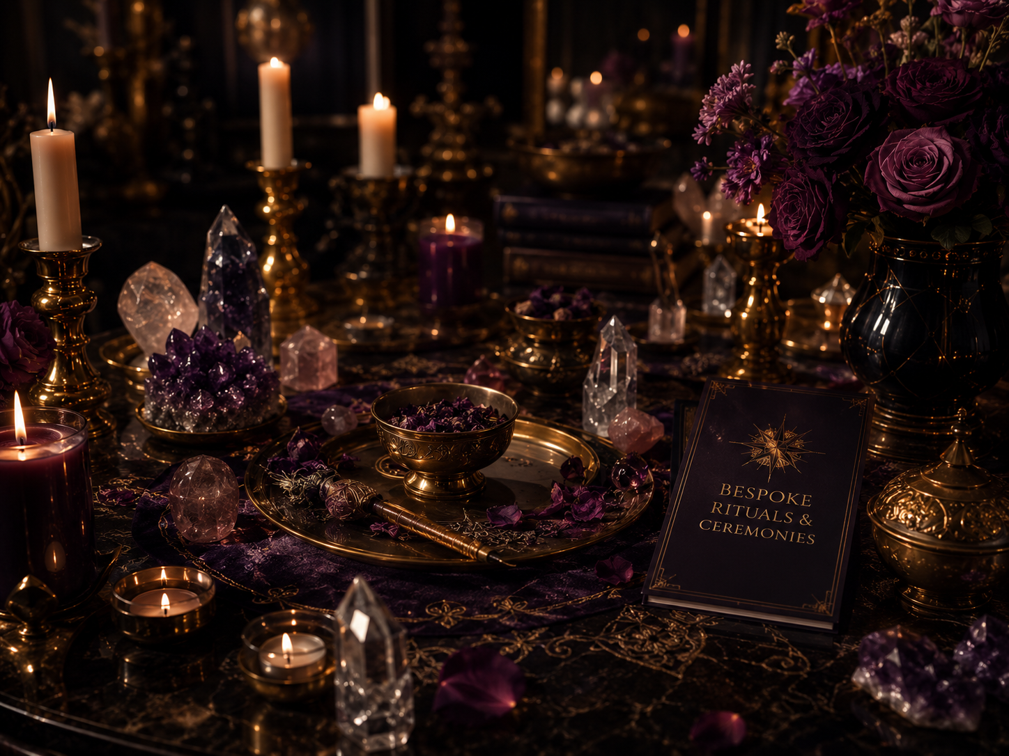 Bespoke ceremonial setting with candles, crystals and purple flowers